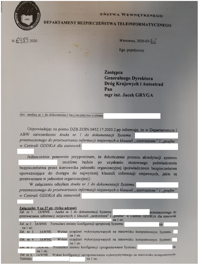 Korespondencja między ABW i GDDKiA dotycząca akredytacji systemu przeznaczonego do przetwarzania informacji niejawnych