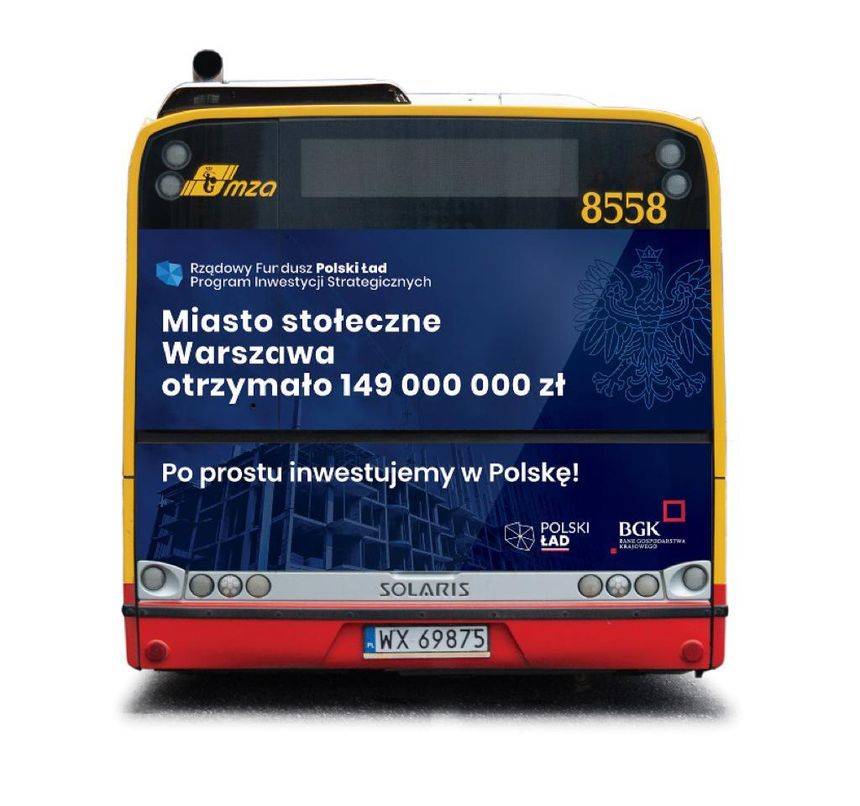 Reklama Polskiego Ładu na warszawskim autobusie - wizualizacja