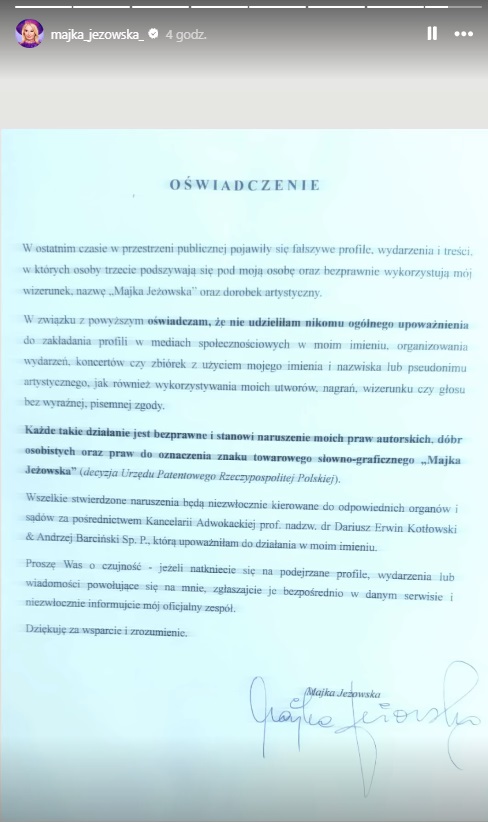 Oświadczenie Majki Jeżowskiej