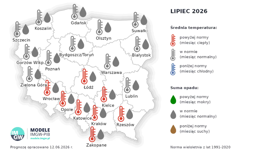 Średnia temperatura i suma opadów w lipcu 2026