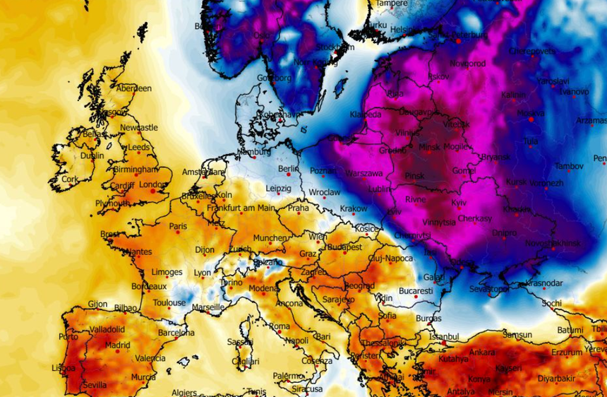 Anomalia temperatury mierzona na wysokości 2 m nad powierzchnią gruntu 09.02 (GFS)
