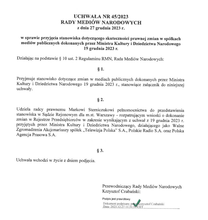 Uchwała RMN z 27 grudnia 2023 roku