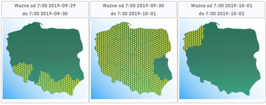Prognoza ostrzeżeń pierwszego stopnia przed silnym wiatrem na niedzielę, poniedziałek i wtorek.