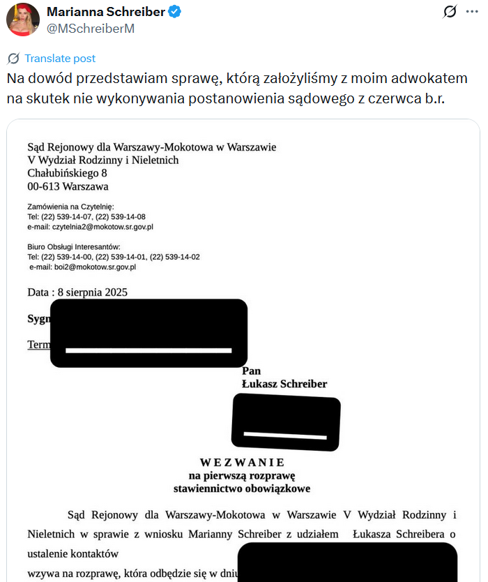 Marianna Schreiber oskarża Łukasza Schreibera o brak kontaktów córką