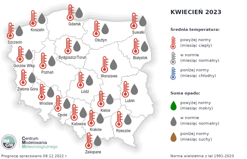 Średnia temperatura i suma opadów w kwietniu