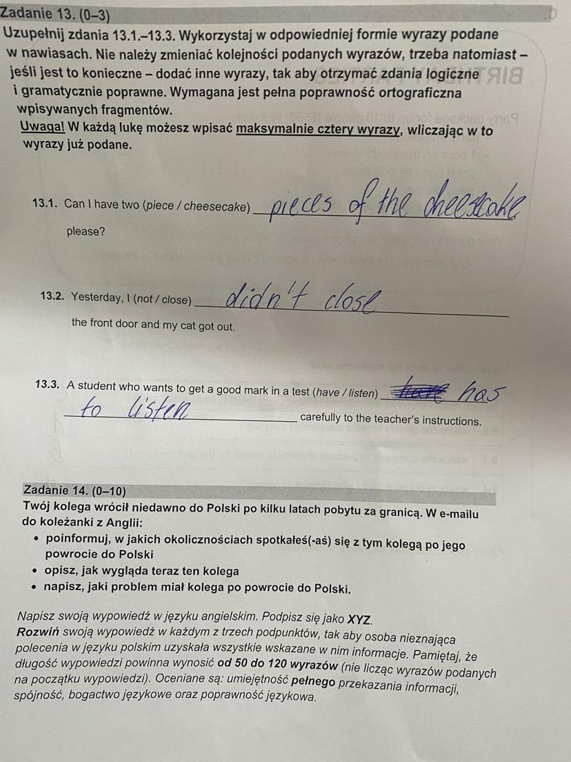 Egzamin ósmoklasisty z jęz. angielskiego - odpowiedzi
