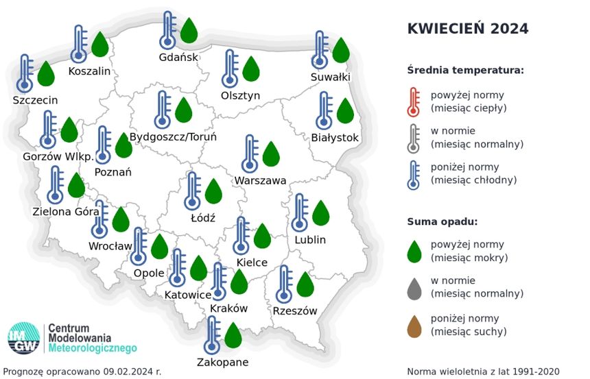 IMGW | Prognoza średniej miesięcznej temperatury powietrza i miesięcznej sumy opadów atmosferycznych na kwiecień 2024
