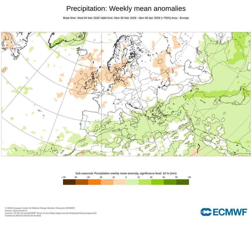 Prognozowana anomalia opadów w Europie