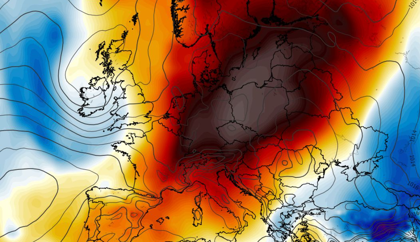 Anomalia temperatury na poziomie ciśnienia 850 hPa 29.06