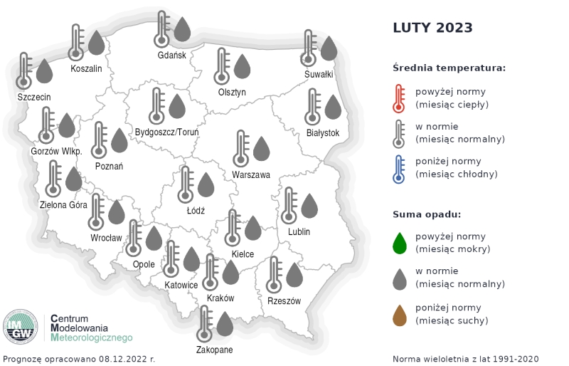 Średnia temperatura i suma opadów w lutym