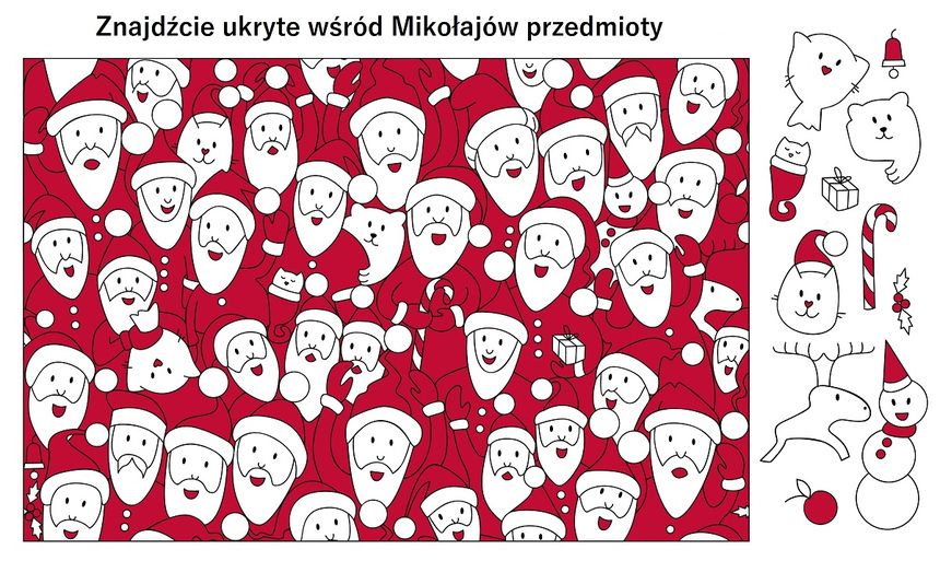 Zadanie z Mikołajami. Znajdź ukryte przedmioty
