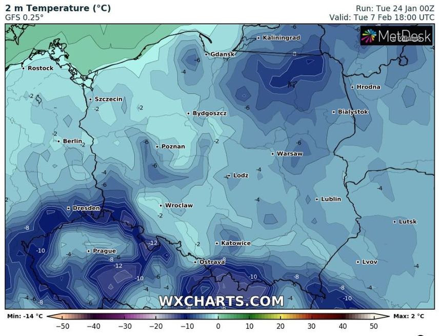 Temperatura 7 lutego według modelu GFS