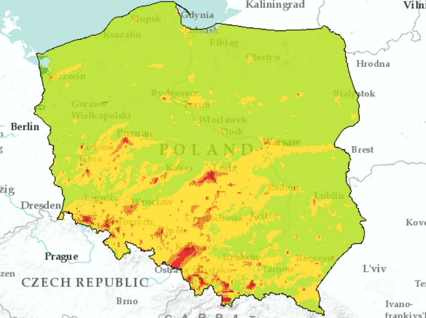 Mapa smogu w Polsce 25 stycznia