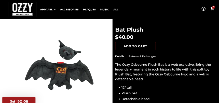Pluszowy nietoperz ze strony Ozzy'ego Osbourne'a