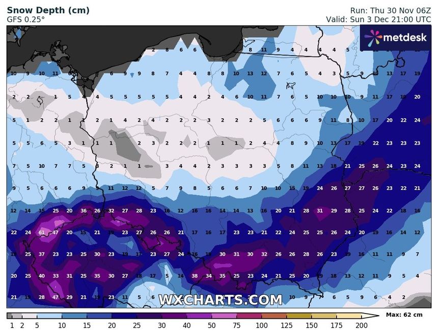 wxcharts.com - grubość pokrywy śnieżnej w niedzielę 3 grudnia