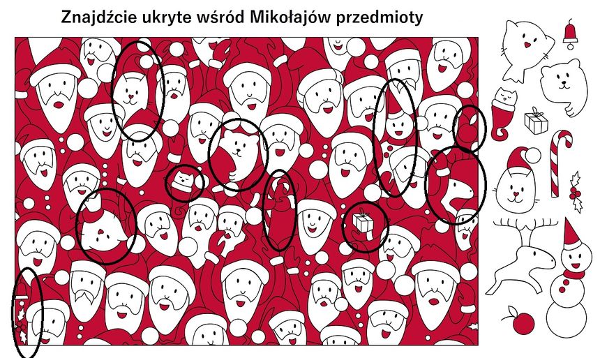 Zadanie z Mikołajami. Znajdź ukryte przedmioty. Rozwiązanie