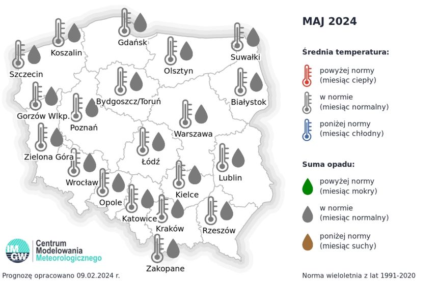 IMGW | Prognoza średniej miesięcznej temperatury powietrza i miesięcznej sumy opadów atmosferycznych na maj 2024