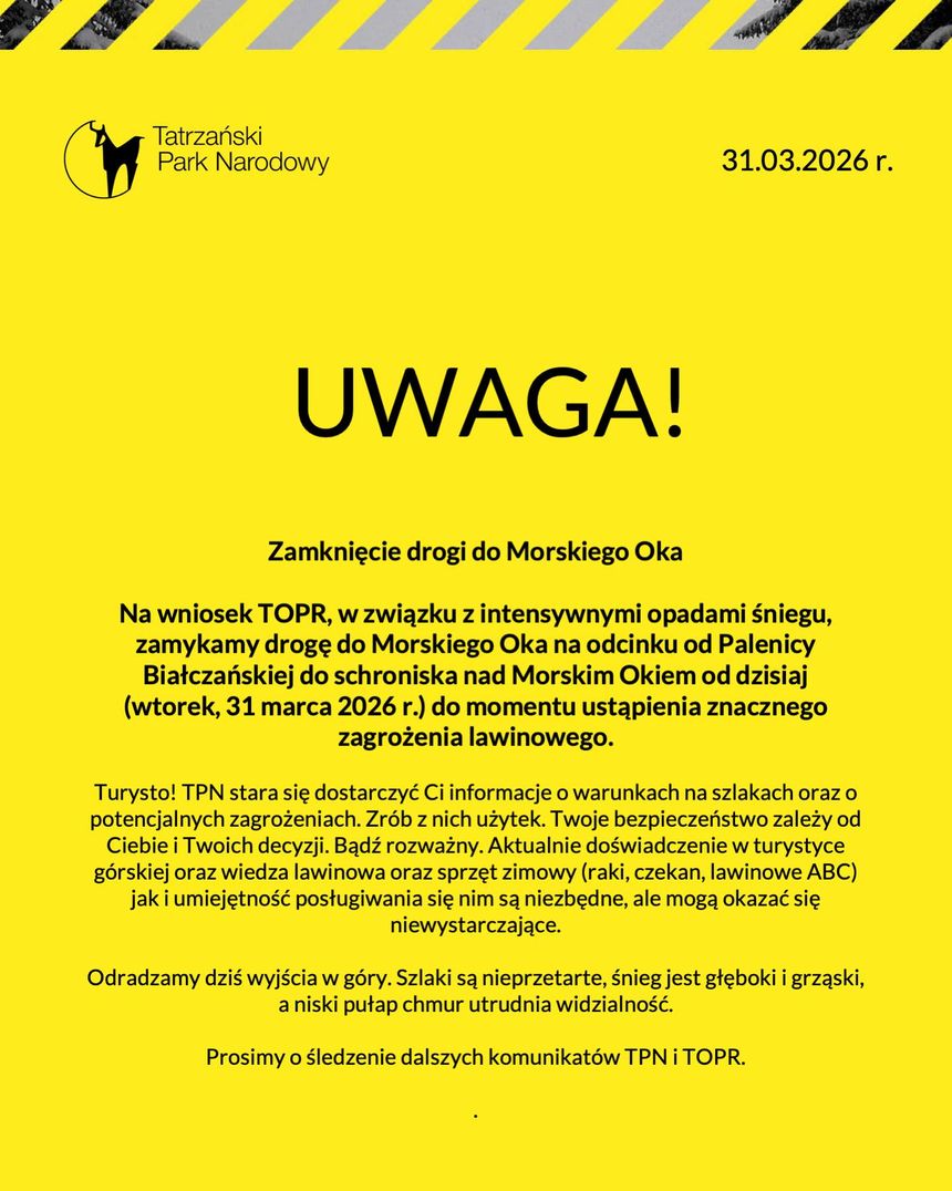 Droga do Morskiego Oka zamknięta