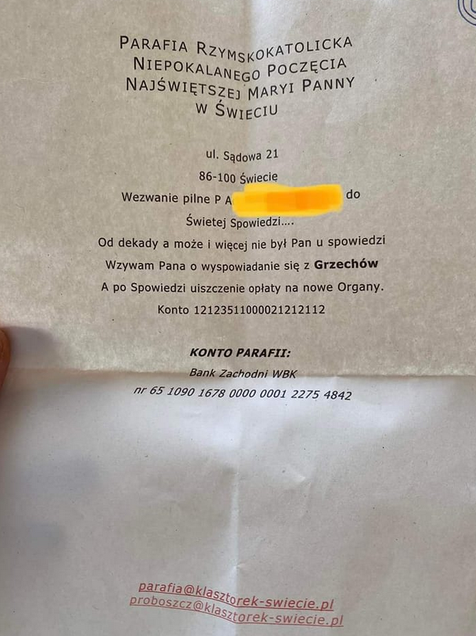 Parafia listownie wzywa do spowiedzi