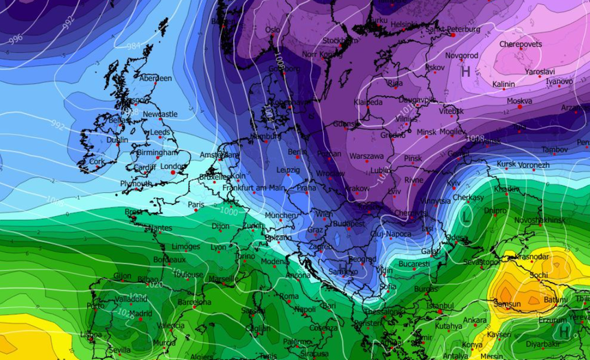 Temperatura na poziomie ciśnienia 850 hPa i MLSP 16.02