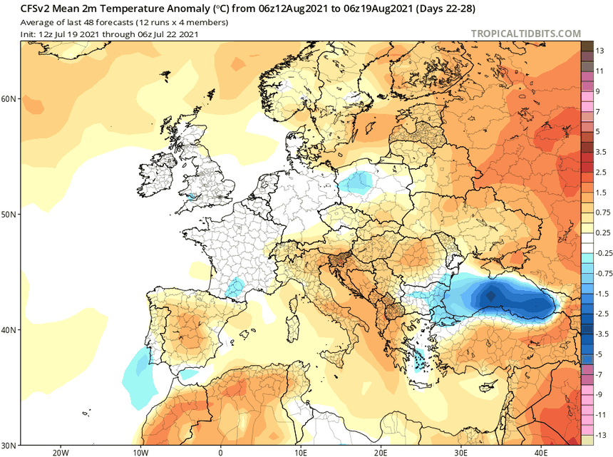 Prognoza anomalii temperatury w okresie od 12.08.2021 do 19.08.2021