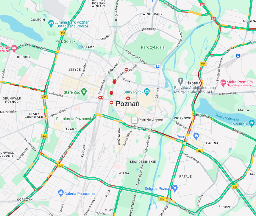 Mapa utrudnień w centrum Poznania