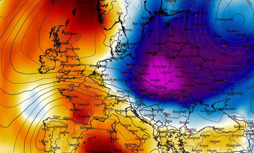 Anomalia temperatury na poziomie ciśnienia 850 hPa 29.04