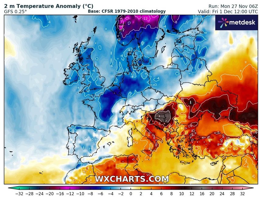 wxcharts.com - ciepłe południe Europy i chłodna północ