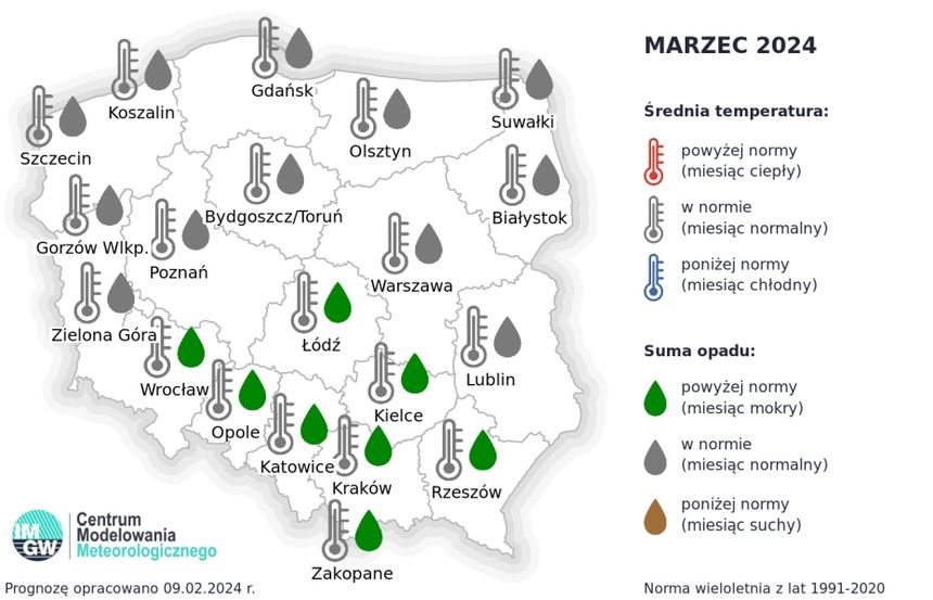 IMGW | Prognoza średniej miesięcznej temperatury powietrza i miesięcznej sumy opadów atmosferycznych na marzec 2024