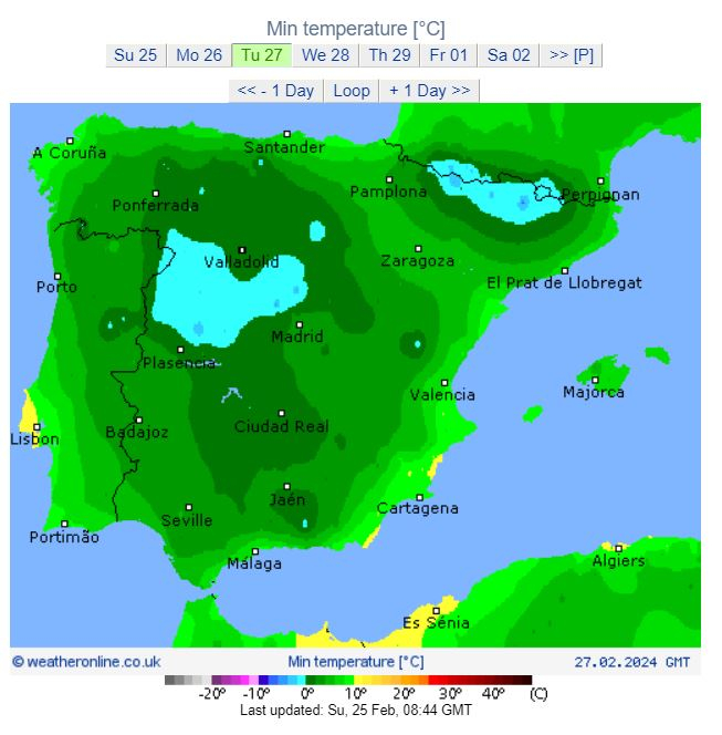 Prognoza minimalnej temperatury we wtorek w Hiszpanii