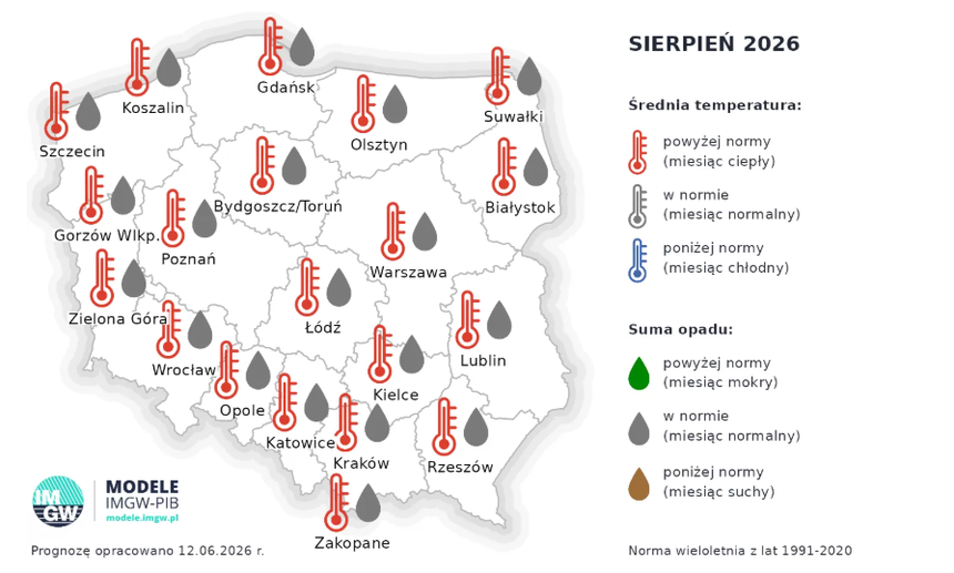 Średnia temperatura i suma opadów w sierpniu 2026