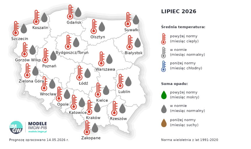 Średnia temperatura i suma opadów w lipcu 2026