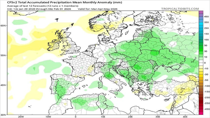 Miesięczna anomalia sumy opadów (mm) od marca do maja 2026