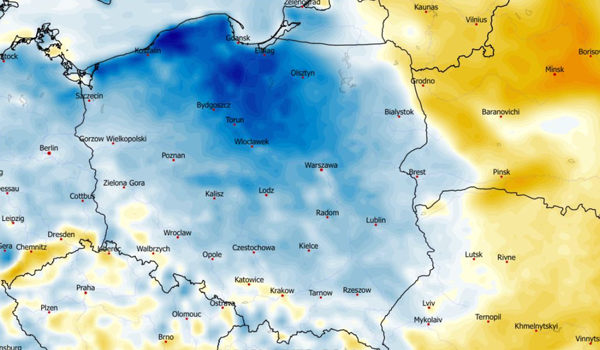 Anomalia temperatury mierzona na wysokości 2 m nad powierzchnią gruntu 09.05