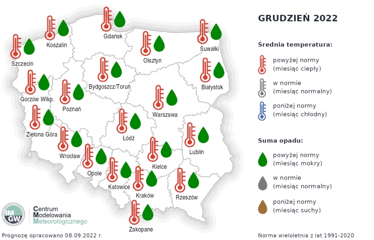 Prognoza średniej miesięcznej temperatury powietrza i miesięcznej sumy opadów atmosferycznych na grudzień 2022 r.