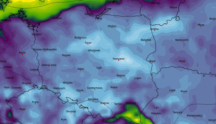 Prędkość wiatru w Polsce 28.01