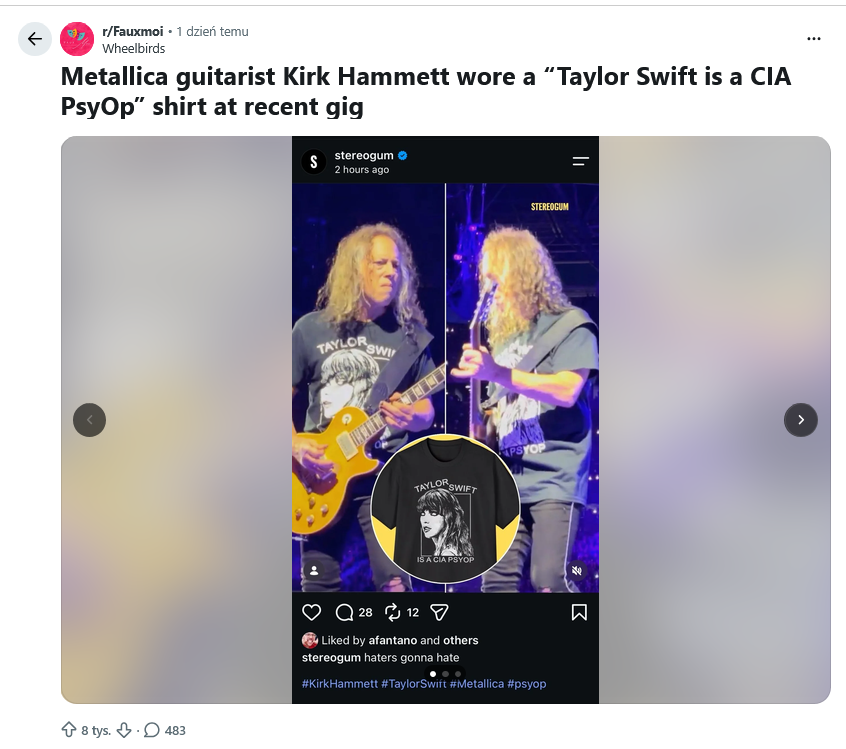 Kirk Hammet w koszulce Taylor Swift - Reddit.com