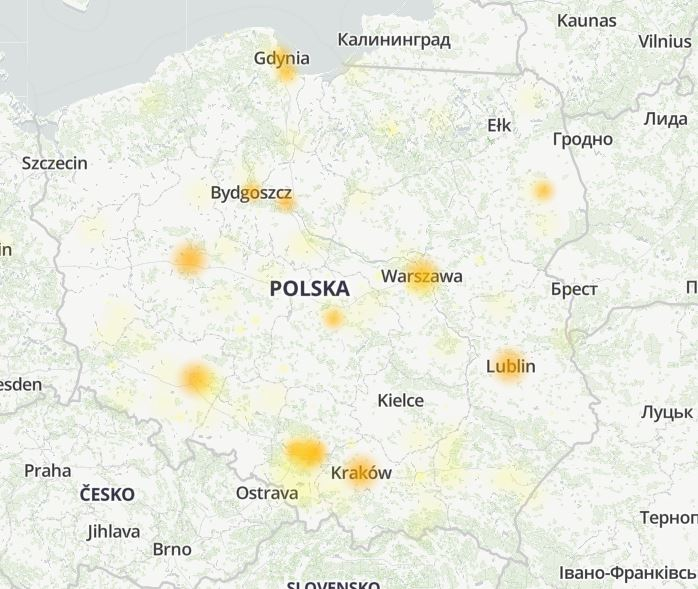 Mapa pokazuje, gdzie w Polsce zgłaszano problemy z działaniem Gmaila w ciągu ostatnich 24 godzin