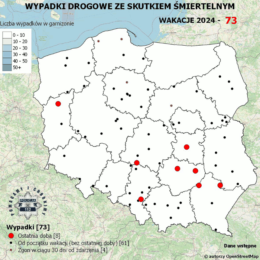 Mapa śmiertelnywch wypadków od początku wakacji 2024