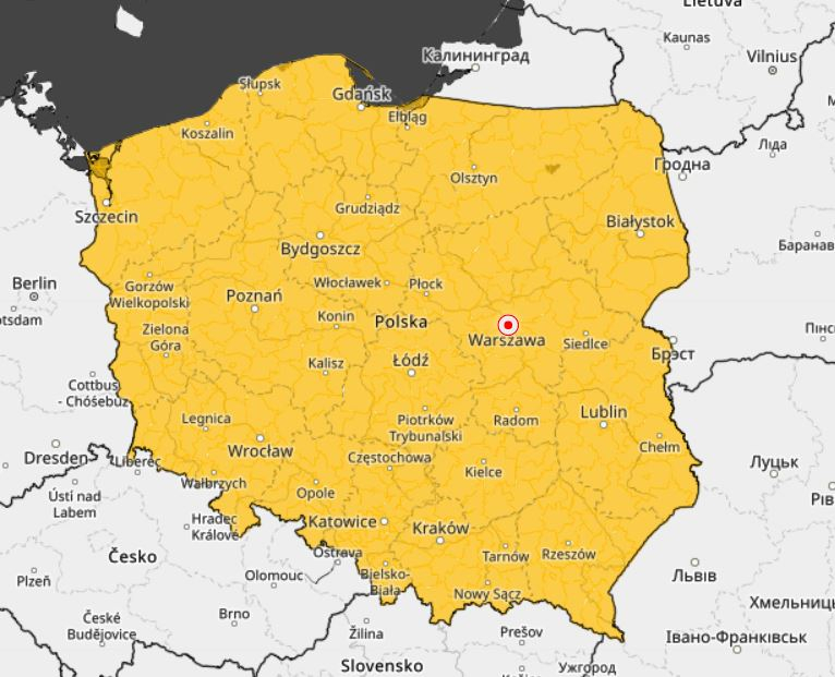Alerty pierwszego stopnia IMGW aktualne o godz. 12 w poniedziałek