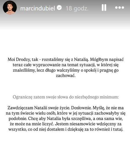 Marcin Dubiel wydał oświadczenie po rozstaniu z Natsu