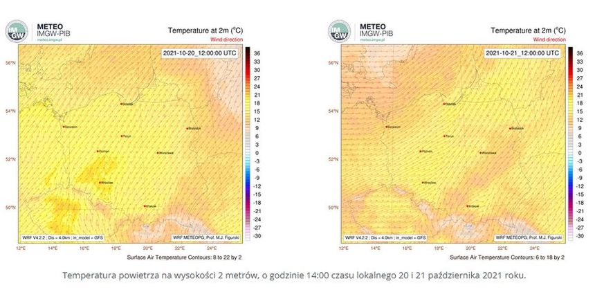 Temperatura w środę i czwartek (20-21 października) wg. IMGW