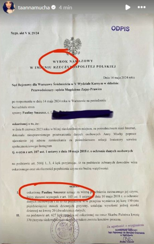 Anna Mucha pokazała treść wyroku skazującego Paulinę Smaszcz