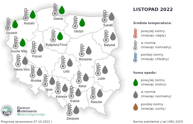 Prognoza średniej miesięcznej temperatury powietrza i miesięcznej sumy opadów atmosferycznych na listopad 2022 r.
