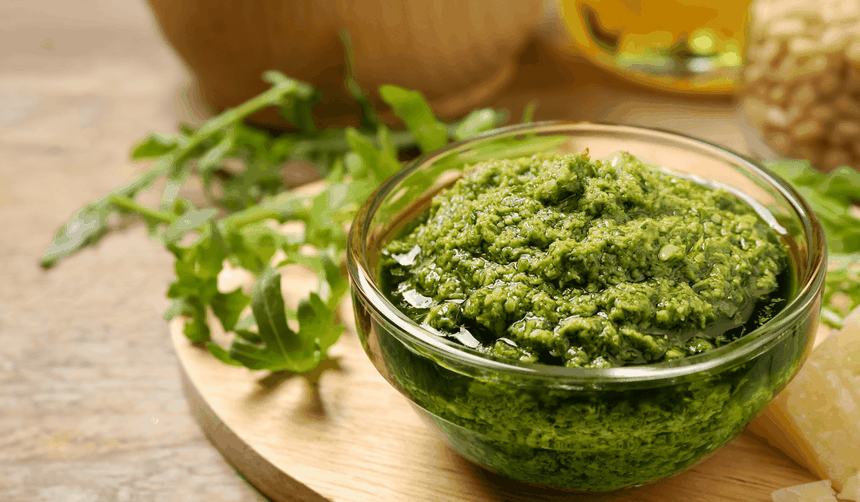 zielone pesto, rukola zamiast bazylii