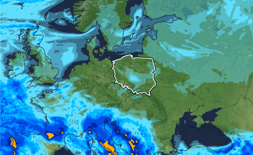 Prognoza dobowej sumy opadów (EMCWF) 10.02