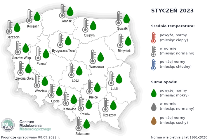 Prognoza średniej miesięcznej temperatury powietrza i miesięcznej sumy opadów atmosferycznych na styczeń 2023 r.