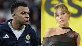 Kylian Mbappe ubrany w strój Realu Madryt i Ester Exposito pozuje na ściance w eleganckiej sukience.