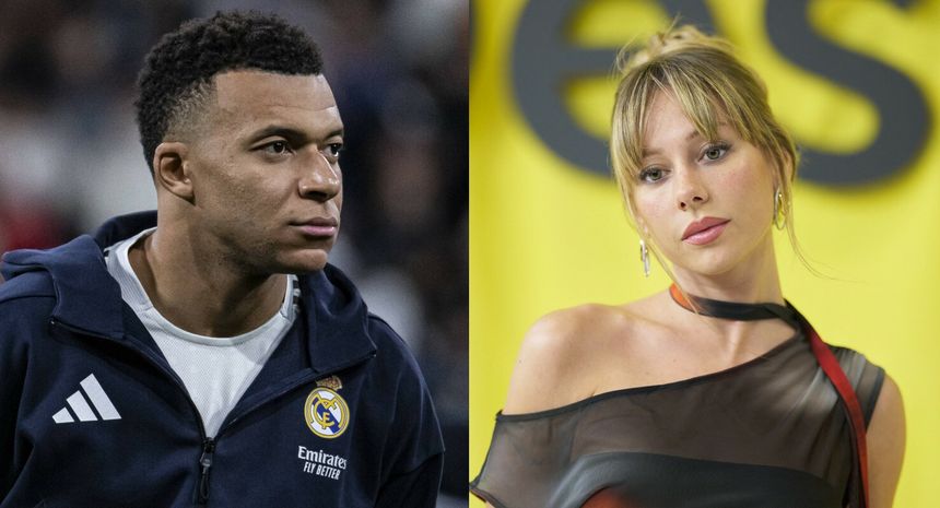 Kylian Mbappe ubrany w strój Realu Madryt i Ester Exposito pozuje na ściance w eleganckiej sukience.