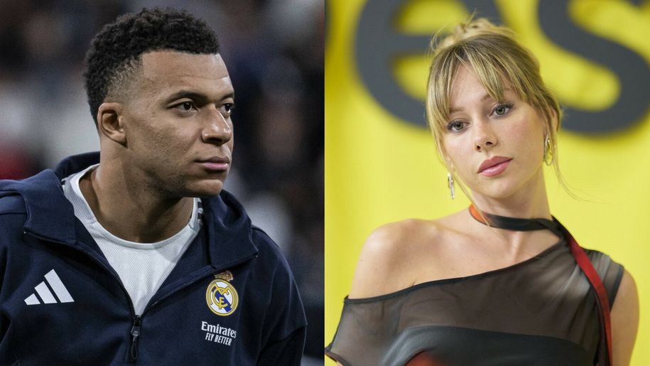 Kylian Mbappe ubrany w strój Realu Madryt i Ester Exposito pozuje na ściance w eleganckiej sukience.